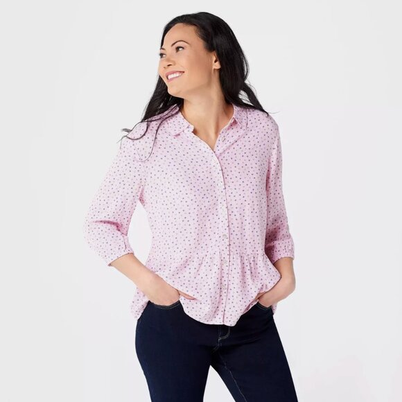 Denim&Co Tops - Denim & Co Size XL Pink Striped Star‎ Print Collared 3/4 Sleeve Rayon Peplum Top